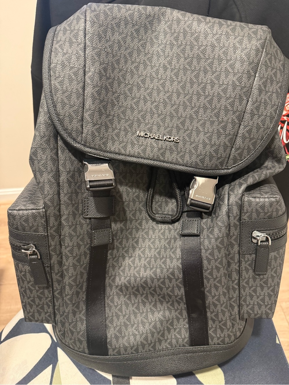 Michael Kors Men's Gray MK Logo Backpack with Buckle Straps